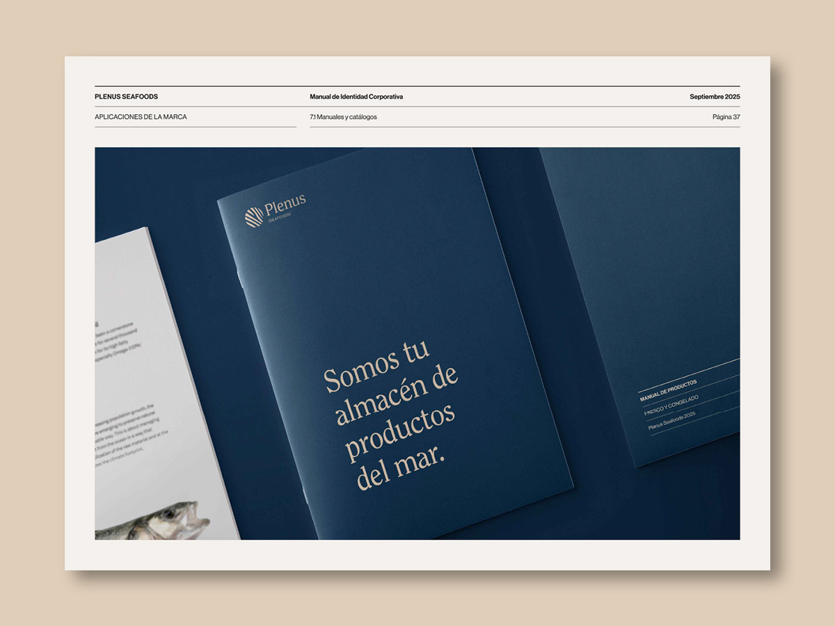 Diseño del manual de identidad corporativa de Plenus, distribuidora de pescado; aplicación en diseño editorial.