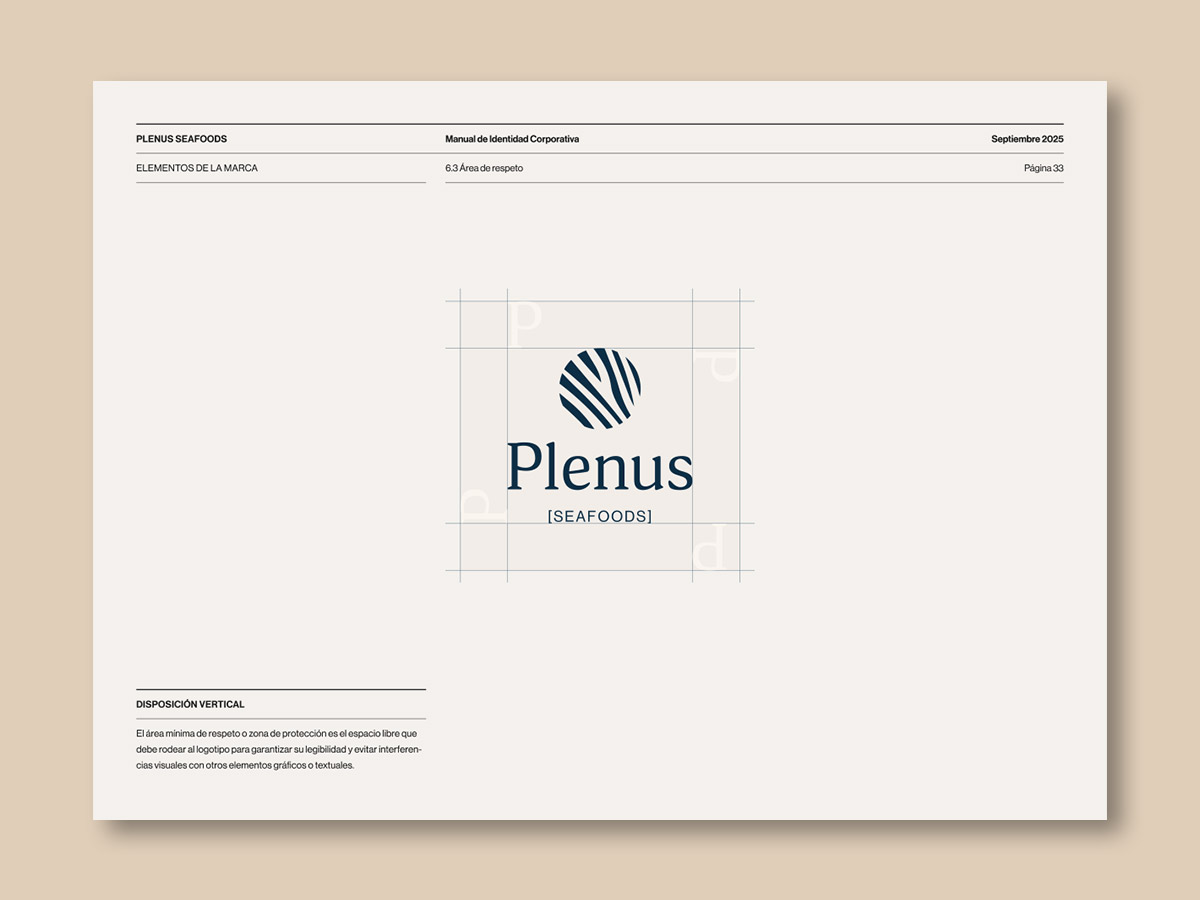 Diseño del manual de identidad corporativa de Plenus, distribuidora de pescado; área de respeto.