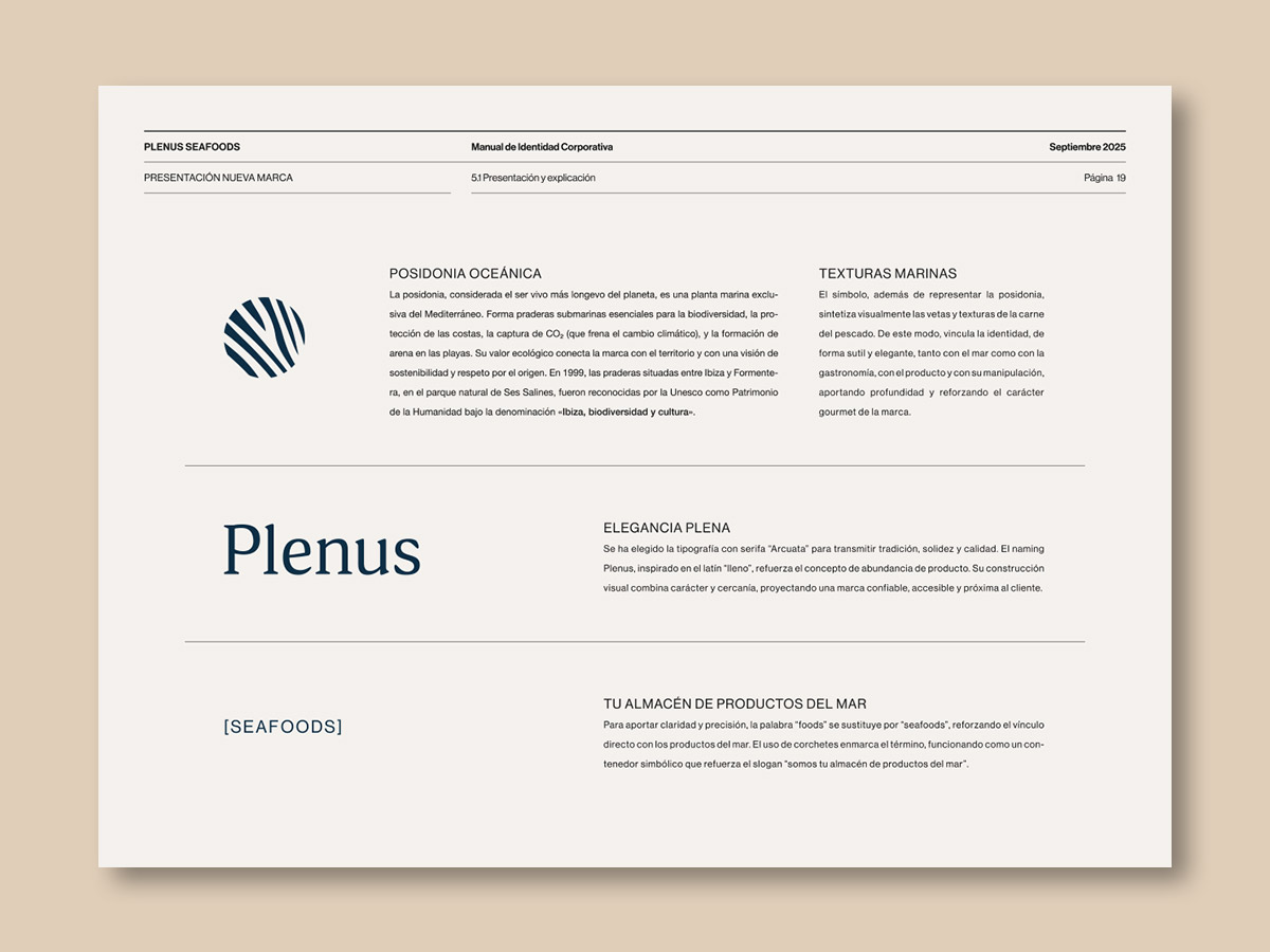 Diseño de marca para Plenus, distribuidora de pescado y marisco; concepto del símbolo.