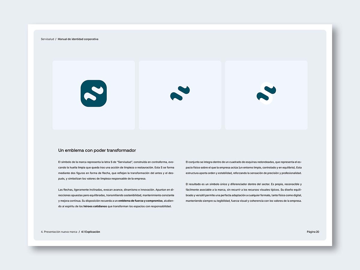 Identidad corporativa para Servisalud, servicios de limpieza responsable; construcción del símbolo.