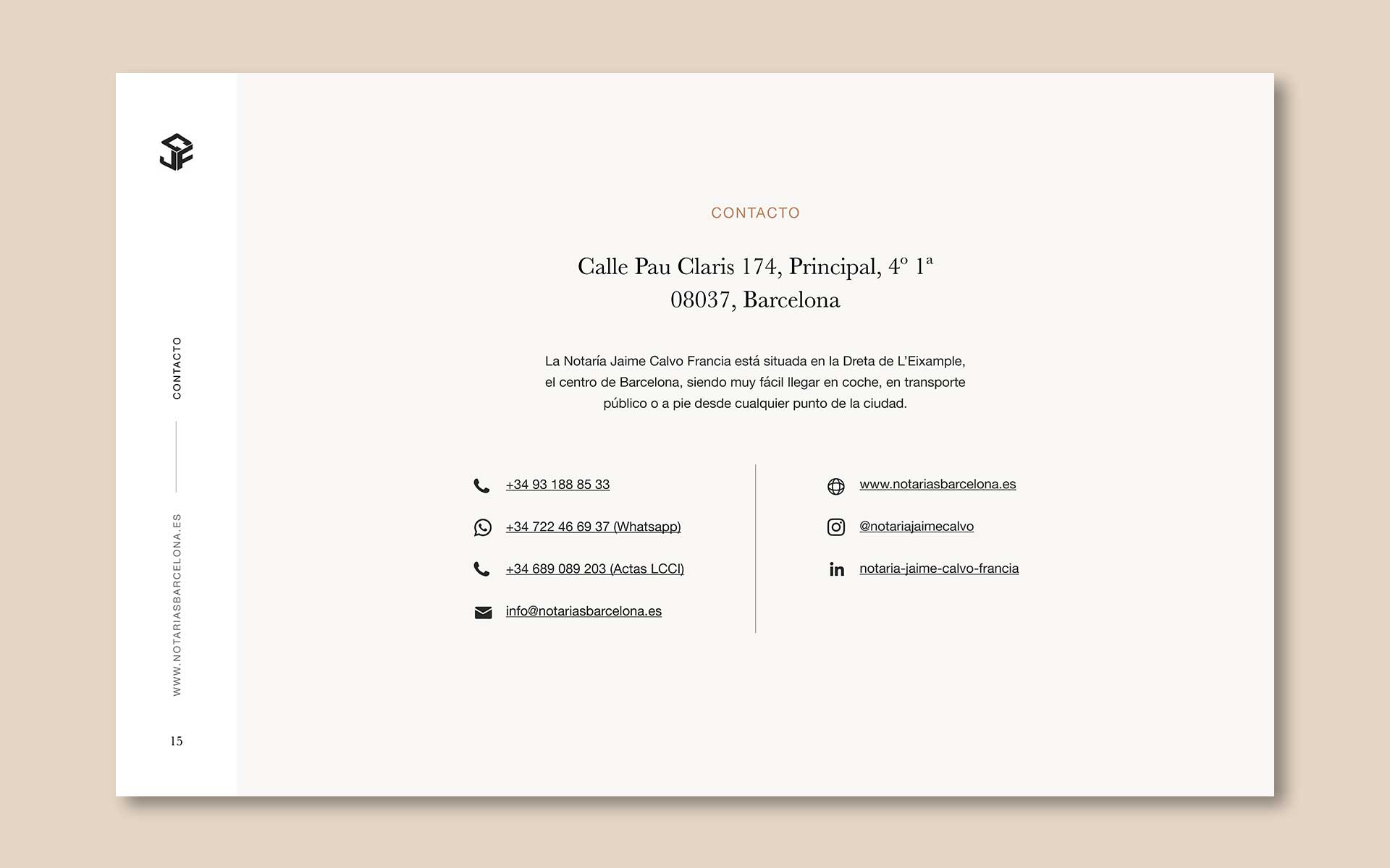 Diseño de presentación corporativa para la Notaría Jaime Calvo Francia; contacto.
