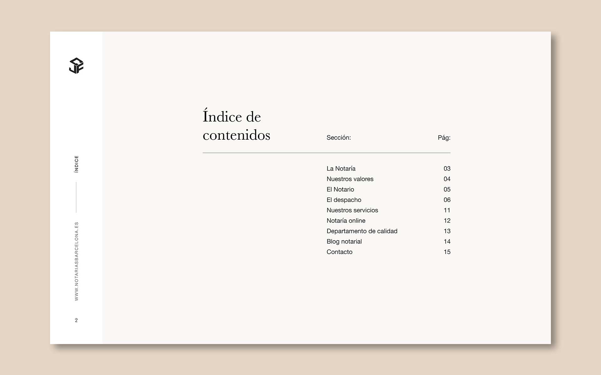 Diseño del dosier corporativo para la Notaría Jaime Calvo Francia; índice de contenidos.