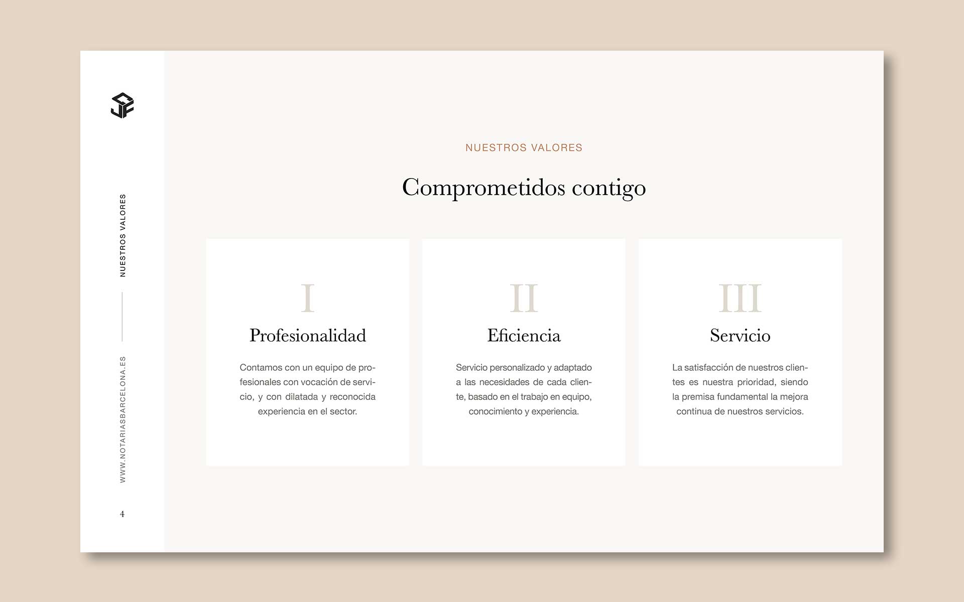 Diseño del dosier corporativo para la Notaría Jaime Calvo Francia; valores.