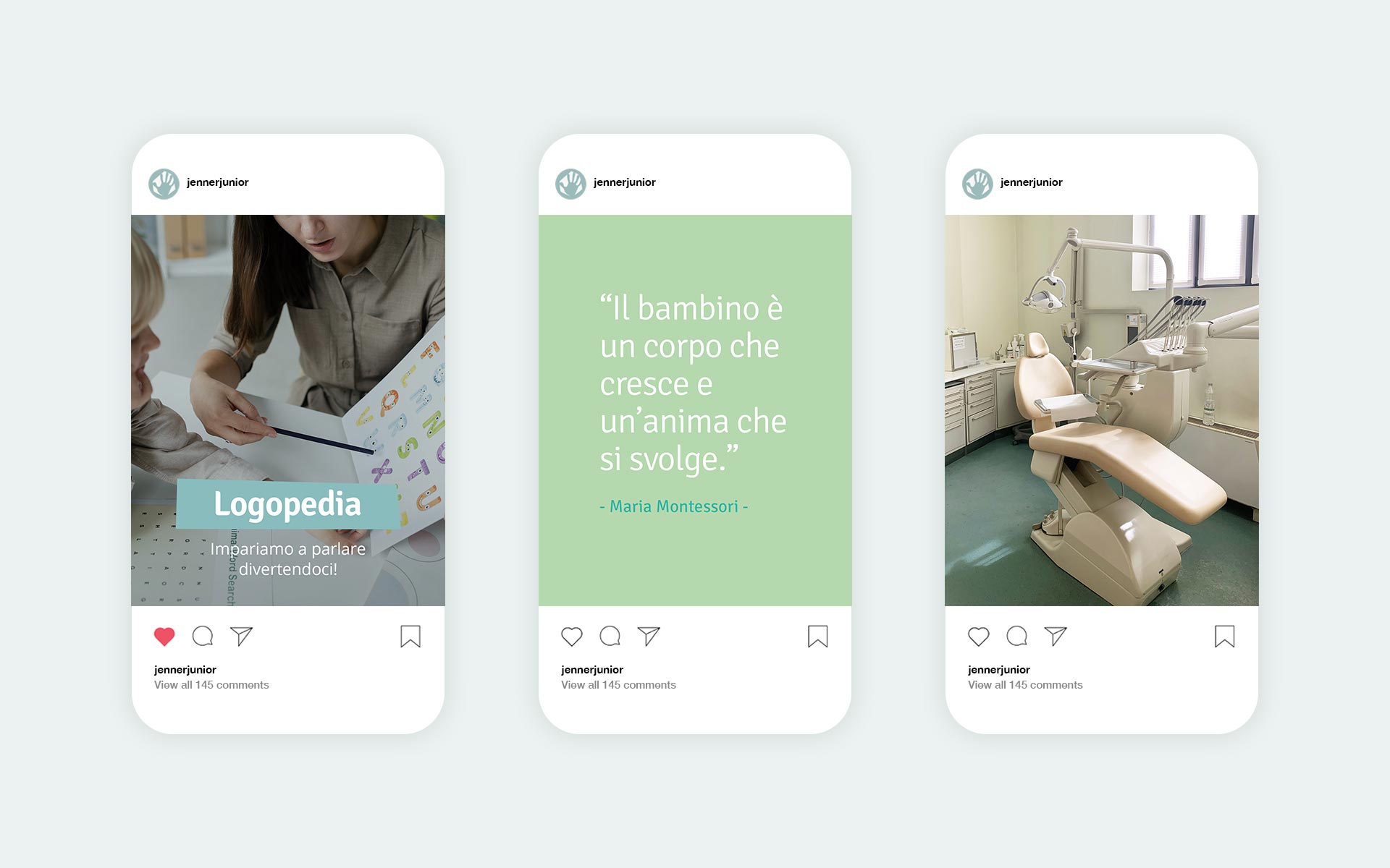 Gestión y diseño de Instagram del centro pediátrico Jenner Junior de Milán; posts.