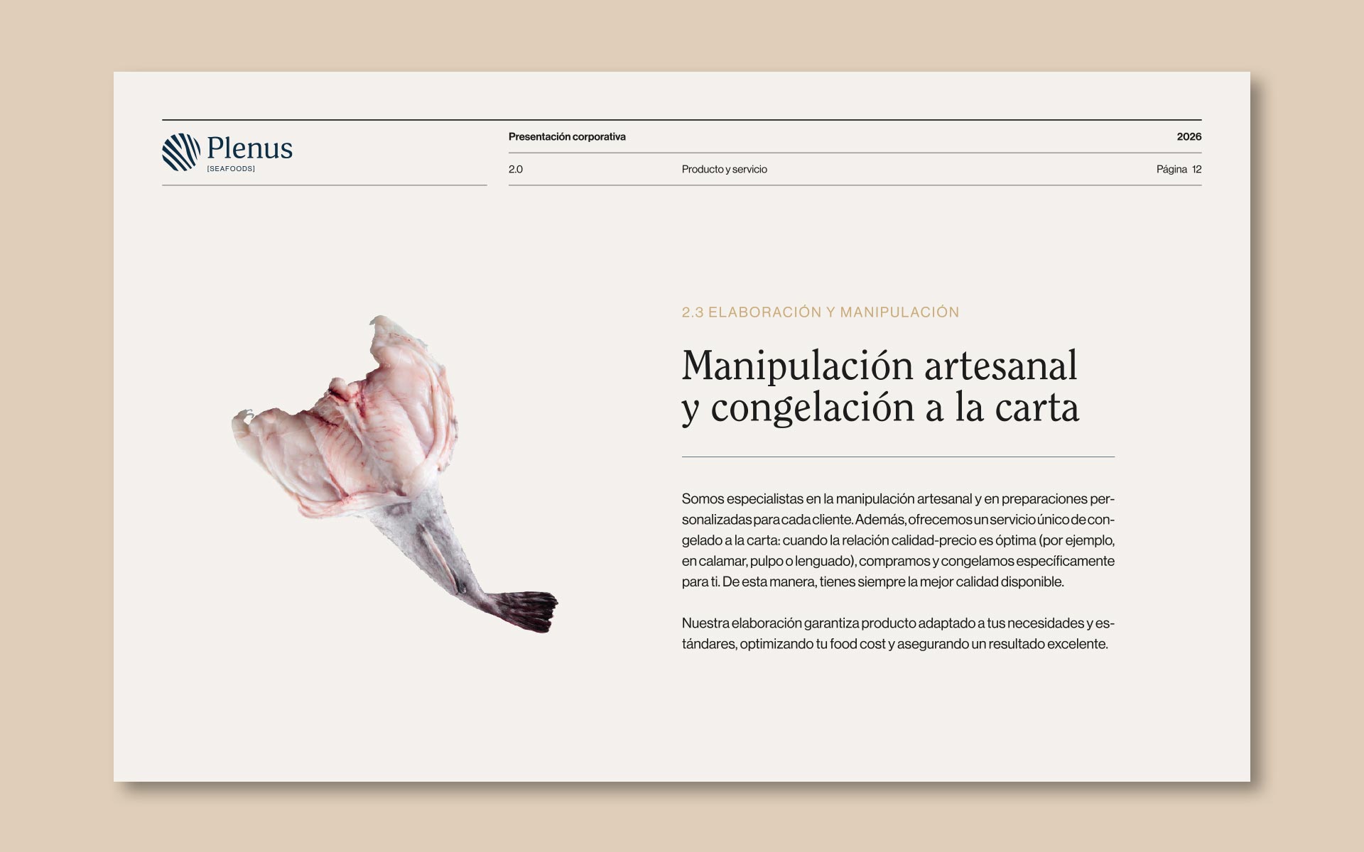 Diseño de presentación corporativa para Plenus, distribuidora de pescado y marisco; manipulación del producto.
