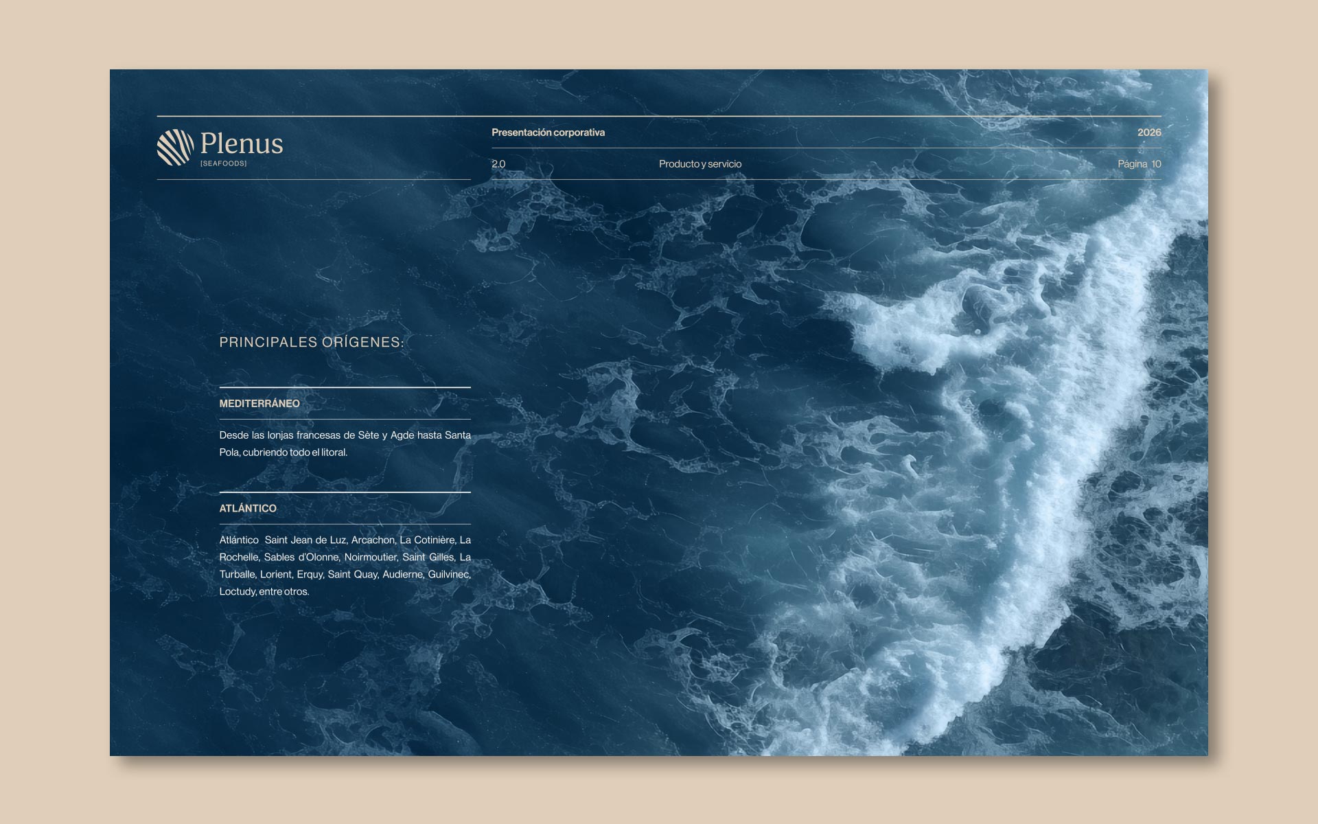 Diseño de presentación corporativa para Plenus, distribuidora de pescado y marisco; principales orígenes.