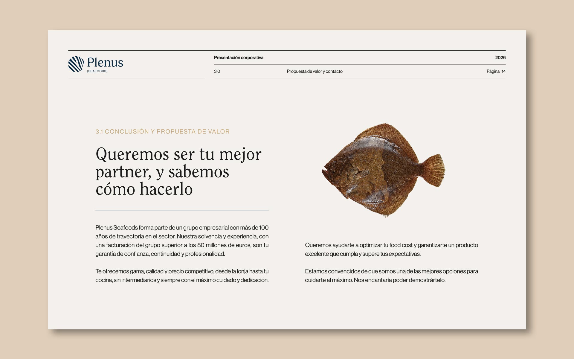 Diseño de presentación corporativa para Plenus, distribuidora de pescado y marisco; propuesta de valor.