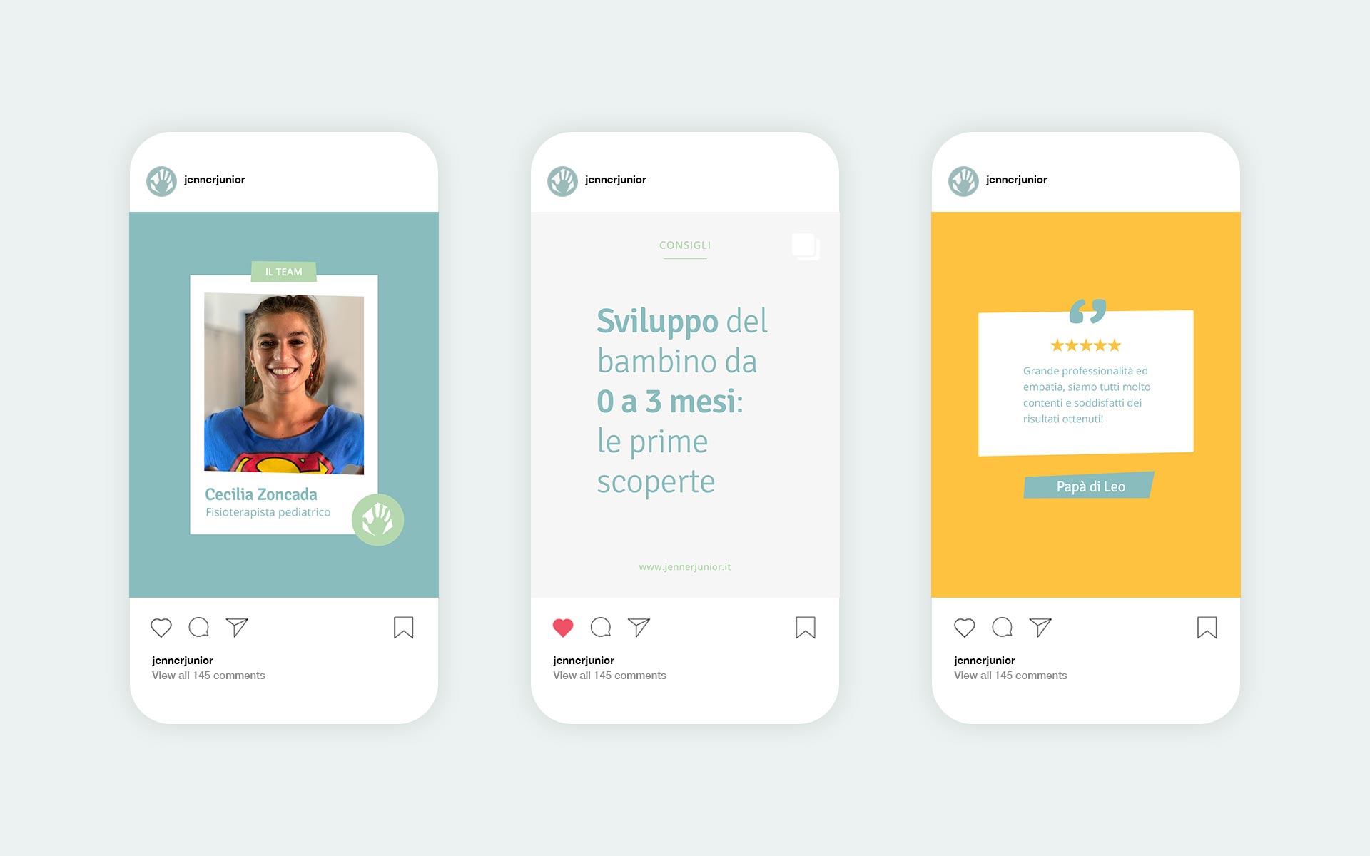 Diseño y gestión del Instagram del centro pediátrico Jenner Junior de Milán; posts.