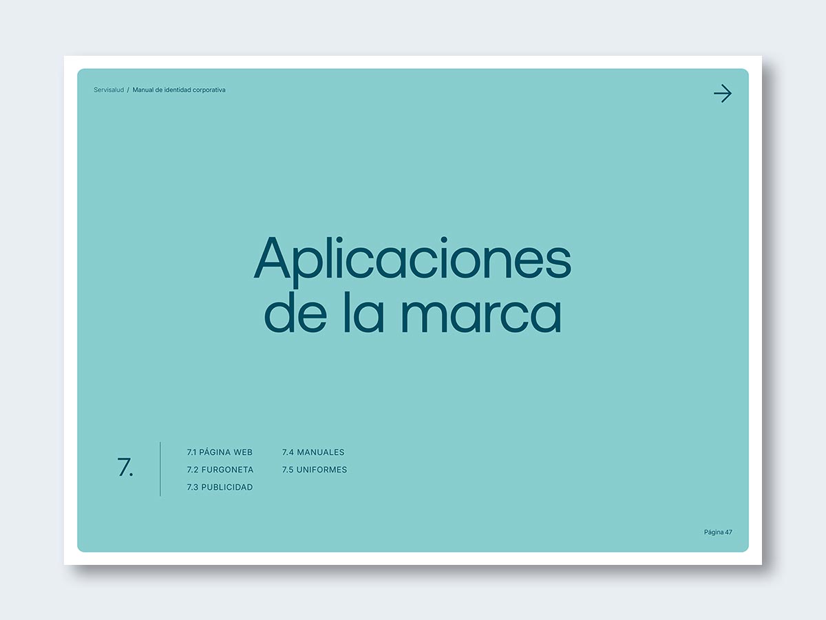 Manual de identidad para la empresa de servicios de limpieza Servisalud; aplicaciones de la marca.