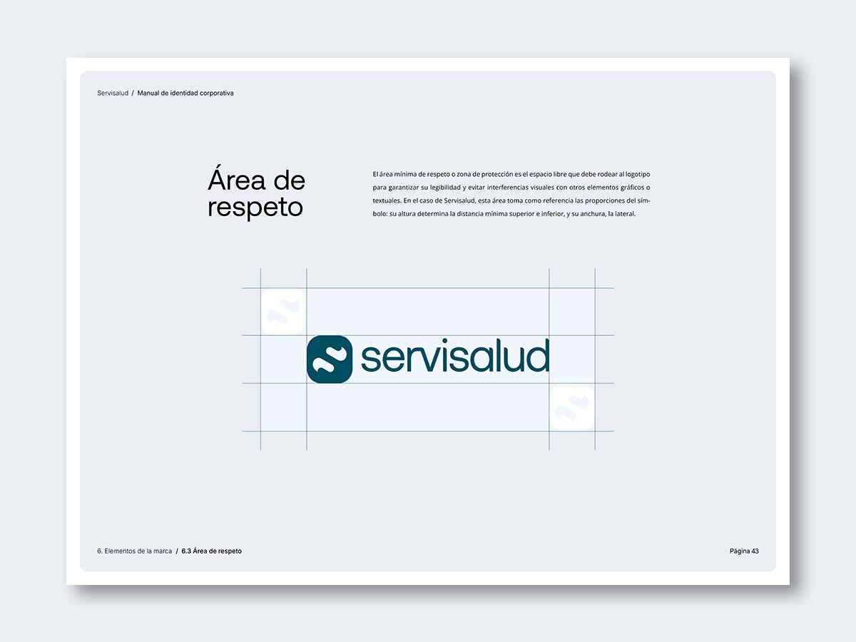 Manual de identidad para la empresa de servicios de limpieza Servisalud; área de respeto.