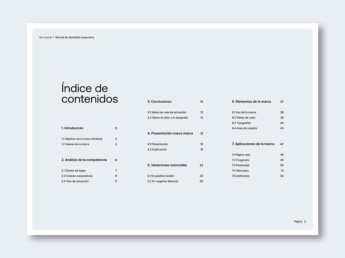 Manual de identidad para la empresa de servicios de limpieza Servisalud; índice de contenidos.