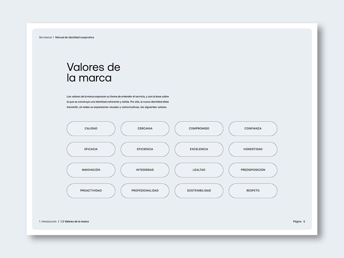 Manual de identidad para la empresa de servicios de limpieza Servisalud; valores de la marca.