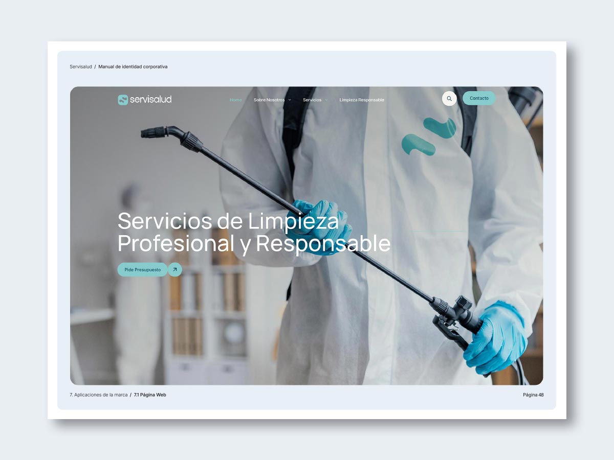 Manual de identidad para la empresa de servicios de limpieza Servisalud; aplicación página Web.