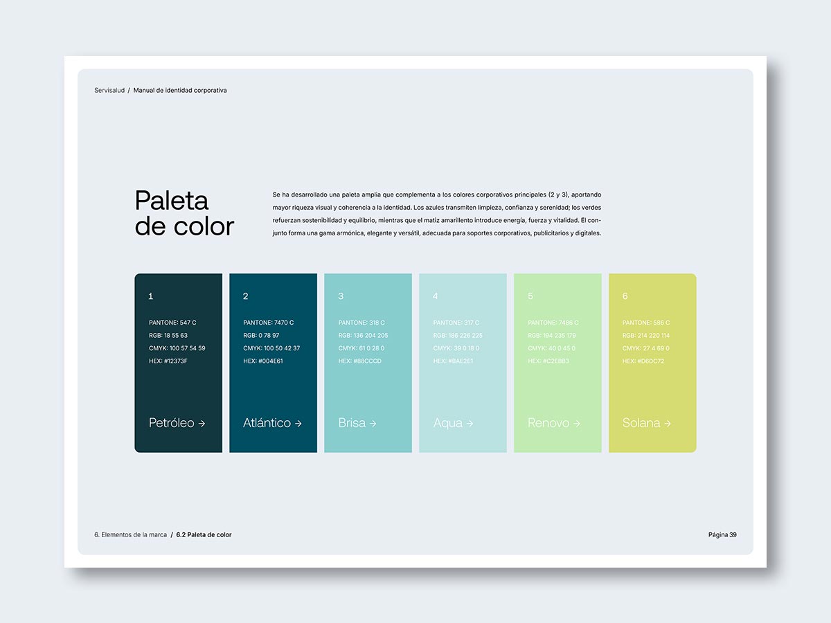 Identidad corporativa para la empresa de limpieza Servisalud; paleta de color corporativo.