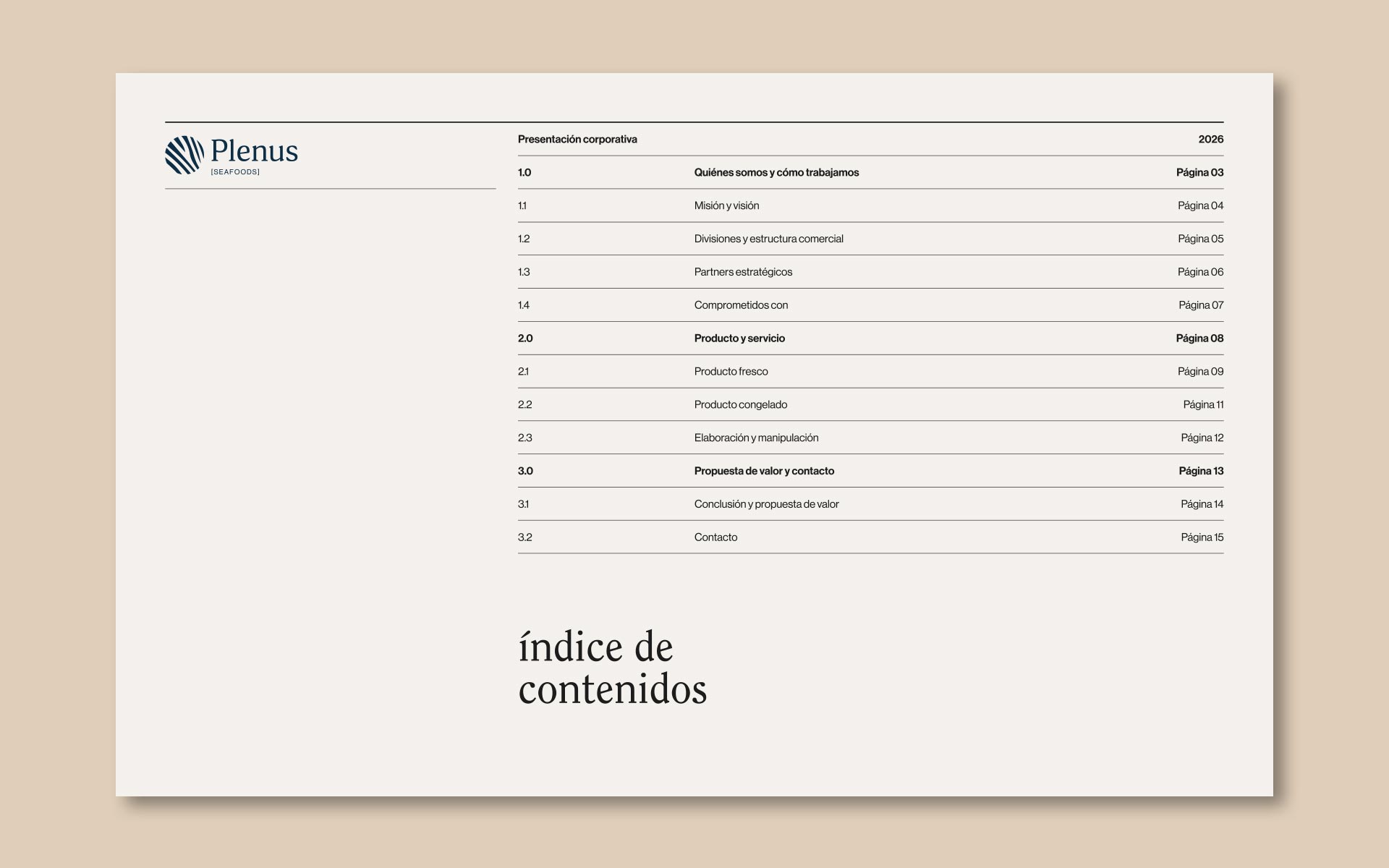 Diseño de presentación corporativa para Plenus, distribuidora de pescado y marisco; índice de contenidos.