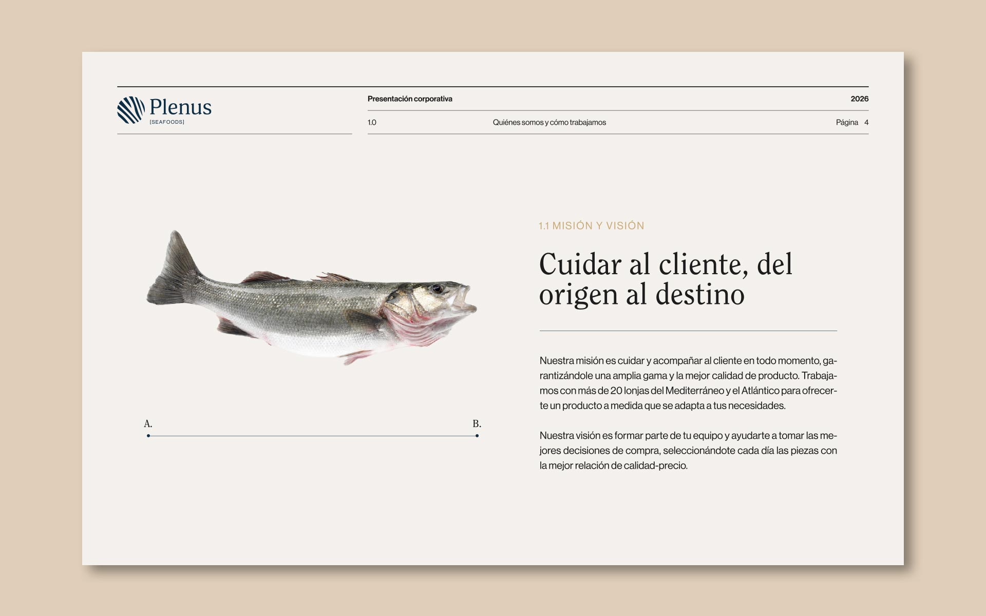 Diseño de presentación corporativa para Plenus, distribuidora de pescado y marisco; misión y visión.