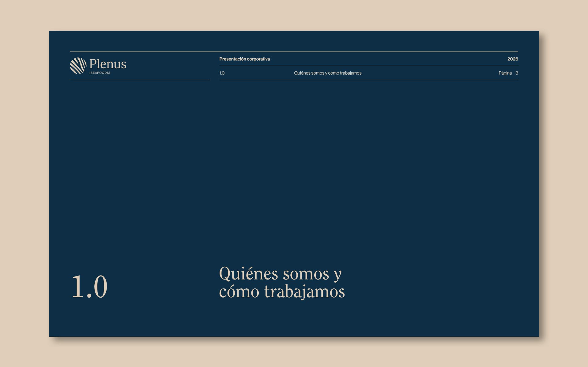 Diseño de presentación corporativa para Plenus, distribuidora de pescado y marisco; portada de sección.