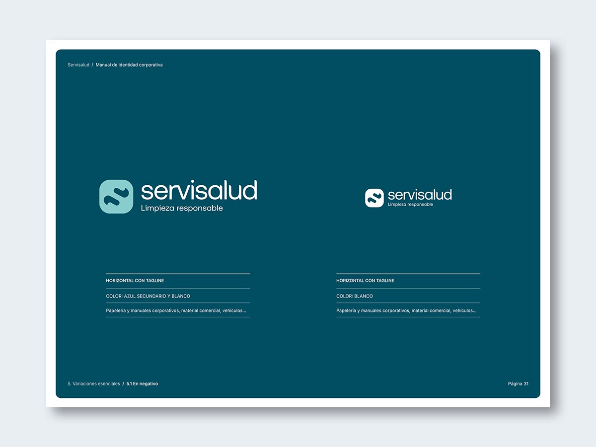 Rediseño de logo para la empresa de servicios de limpieza Servisalud; versiones horizontal en negativo.