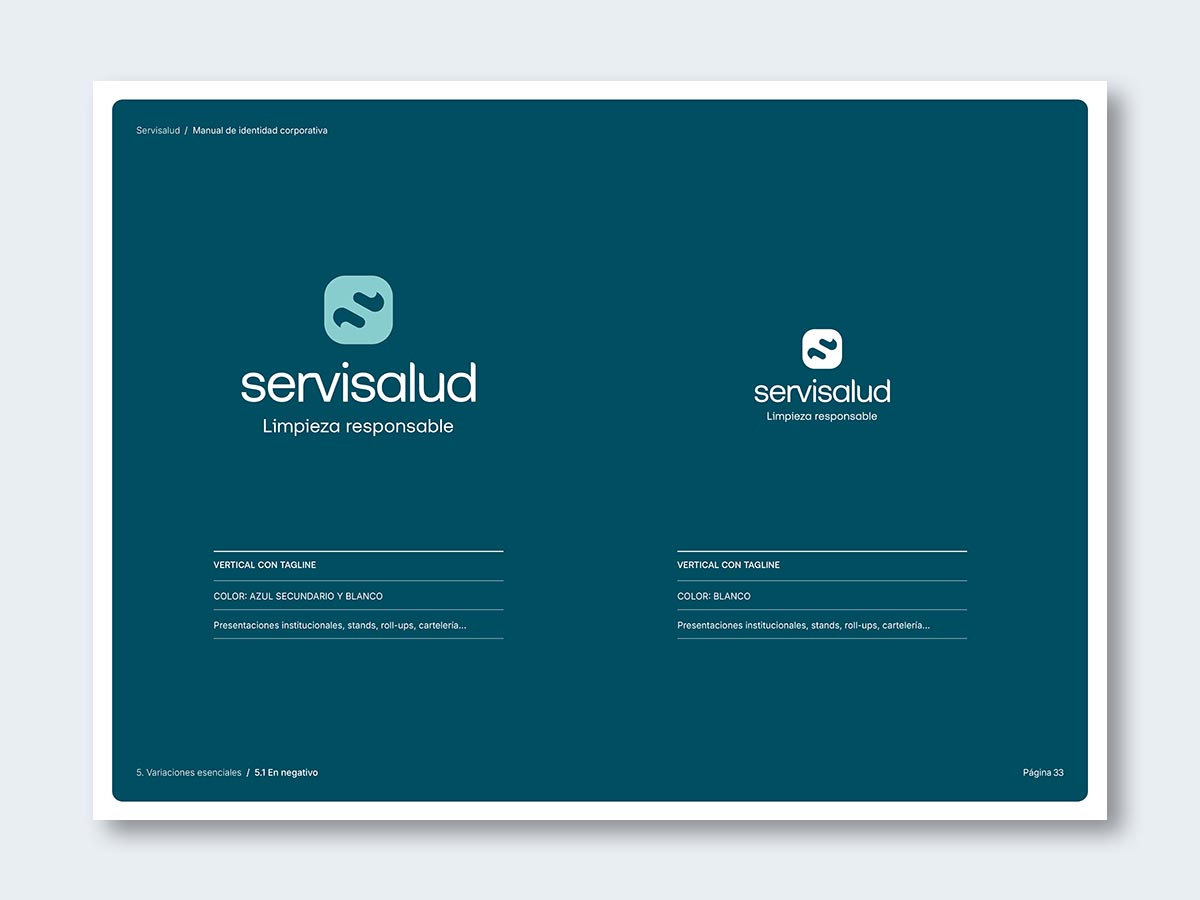 Rediseño de logo para la empresa de servicios de limpieza Servisalud; versiones vertical en negativo.
