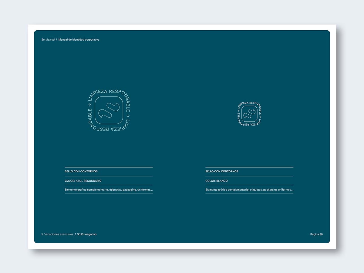 Diseño de marca para la empresa de limpieza Servisalud; versiones del sello en negativo.