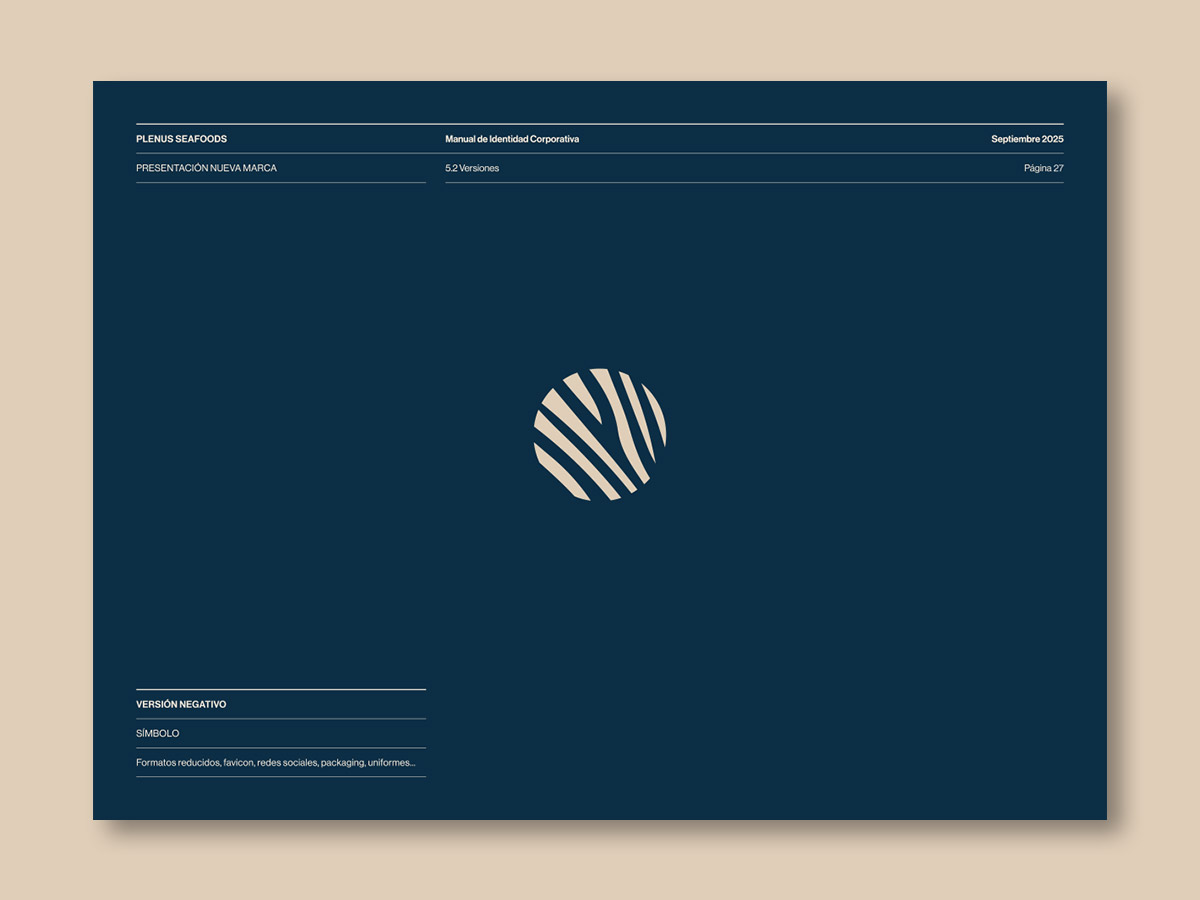 Diseño del manual de identidad corporativa de Plenus, distribuidora de pescado; símbolo principal.